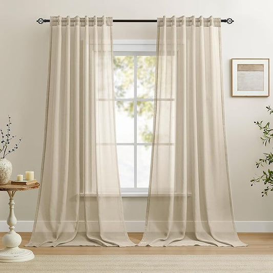 Dreaming Casa Taupe Sheer Curtains 102 Inches Long, Rod Pocket & Back Tab Light Filtering Textured Sheers for Living Room Bedroom, 2 Panels, Each 52" W x 102" L