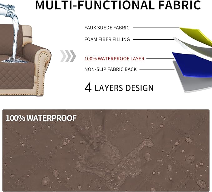 Easy-Going Waterproof Oversized Loveseat Covers Leakproof Couch Cover for 2 Cushion Couch Sofa Cover Washable Sofa Slipcover Non-Slip Furniture Protector with Pocket for Pets (Medium-XL, Brown)