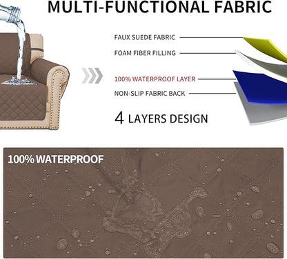 Easy-Going Waterproof Oversized Loveseat Covers Leakproof Couch Cover for 2 Cushion Couch Sofa Cover Washable Sofa Slipcover Non-Slip Furniture Protector with Pocket for Pets (Medium-XL, Brown)