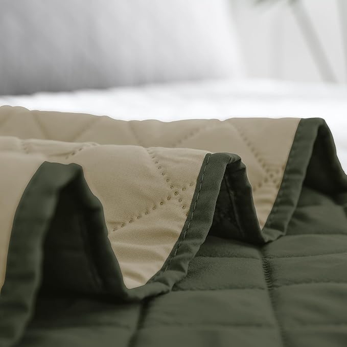 Easy-Going California King Size Reversible Quilt Set with 1 Quilt and 2 Pillow Shams, Soft Bed Quilt Cover, Water Resistant Lightweight Microfiber Bedspread, Stain Resistant, Army Green/Beige