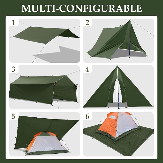 Camping Tarp Tent Portable Multifunctional Bushcraft Backpacking Tear-Resistant Fabric Rain Fly Tarps Awning Shelter Lightweight Waterproof Tarp(10×10 tarp)