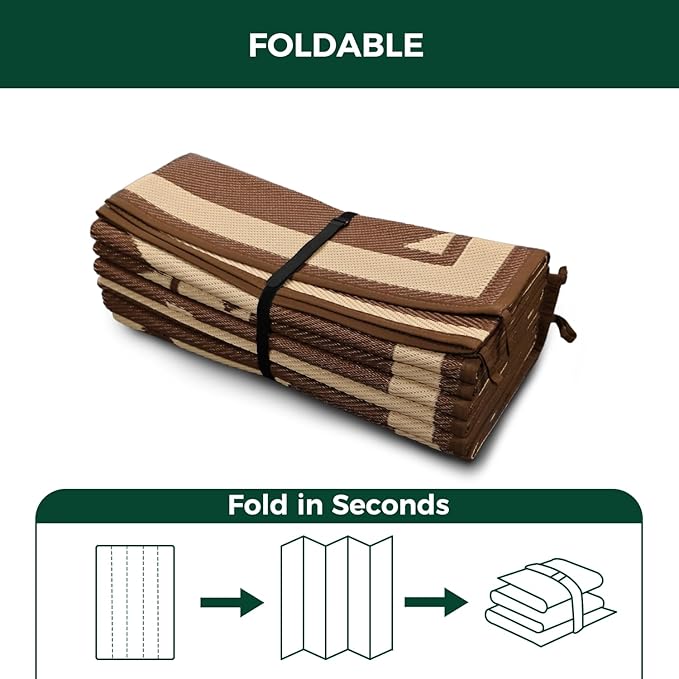 FXW Camping Rug, 10' x 14' Large Waterproof Portable RV Mat, Easy-to-Clean Straw Plastic Mat for Outdoor, Patio, Backyard, Deck, Picnic, Beach, Trailer, Brown & Beige