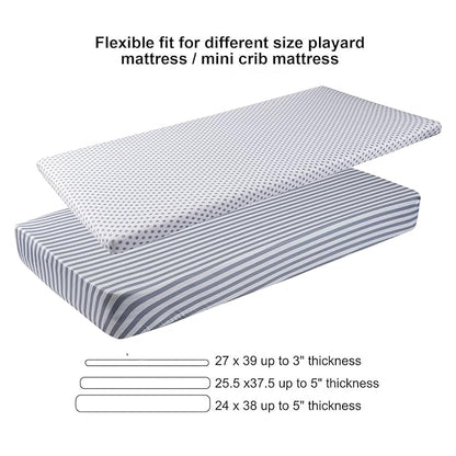 Onacosht Pack n Play Sheets 2 Pack Stretchy Jersey Knit Playard Fitted Sheets Portable Mini Crib Sheets Set, Convertible Playard Mattress Cover, White and Grey, Stripes and Dots