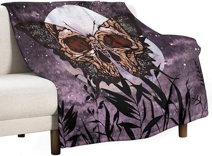 Death Moth Blanket, Boho Gothic Skull Moth Purple Starry Plant Full Moon Mysterious Witchy Throw Blanket for Couch Sofa Office Bed Travelling Bed Throws, 50"x60"