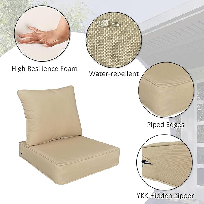 COZYVIDA Outdoor/Indoor 22x24 inch Deep Seat Patio Cushions Set of 2 Resilient Foam Filling Water Repellent Stain-Resistant UV Resistant Weather Resistant Patio Cushions Beige