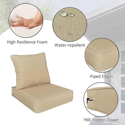 COZYVIDA Outdoor/Indoor 22x24 inch Deep Seat Patio Cushions Set of 2 Resilient Foam Filling Water Repellent Stain-Resistant UV Resistant Weather Resistant Patio Cushions Beige