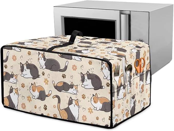 Cute Cats Paw Floral Print Microwave Oven Cover Waterproof Dust-Proof Microwave Oven Cloth Cover Polyester-Linen Fabric Small Appliance Dust Cover Case Protections Protector, M