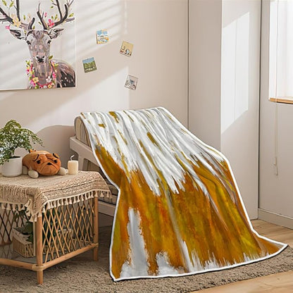 Abstract Ombre Throw Blankets, Modren Chic Art Oil Painting Cozy Warm Bed Couch Blanket, Yellow Gold White Fleece Flannel Throws to Decorate The Room and Bedroom
