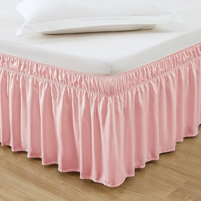 MEILA Wrap Around Bed Skirt Three Fabric Sides Elastic Dust Ruffled 16 Inch Tailored Drop,Easy to Install Fade Resistant-Pink, Queen/King