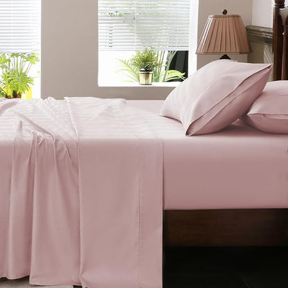 Extra Deep Pocket King Sheets 18-24 Inch 100% Egyptian Cotton 1000 Thread Count Sateen Weave Soft Breathable 4 Pieces（King，Light Pink）