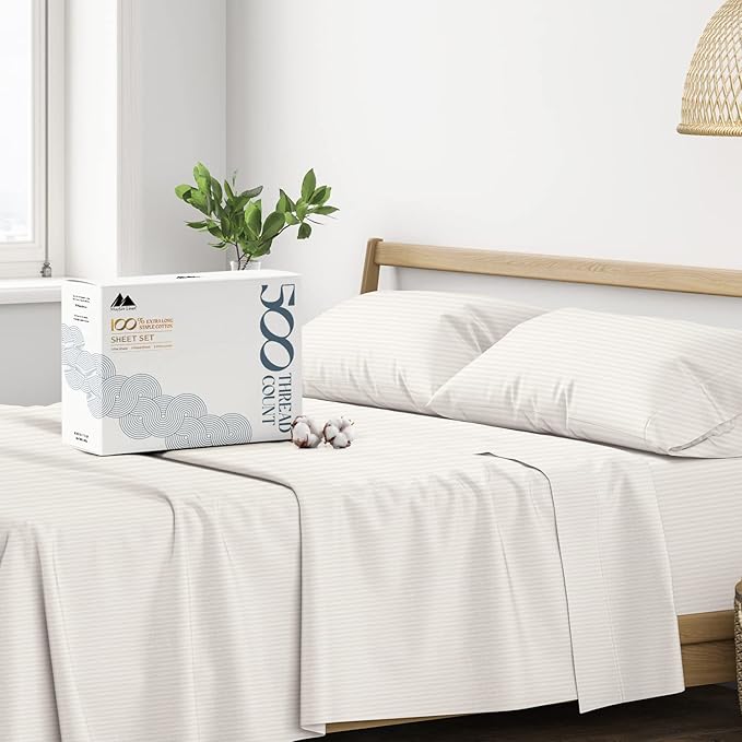 Mayfair Linen 100% Cotton Striped Sheets Twin Size Bed Set - 500 Thread Count Damask Sheets Twin Size 3 PC Set (Beige Stripe), Soft, Cooling, Sateen Hotel-Quality 16" Deep Pocket Cotton Bedsheet