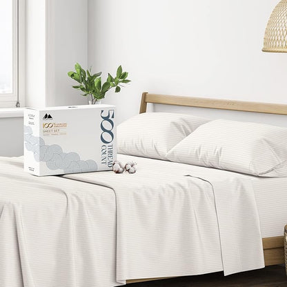 Mayfair Linen 100% Cotton Striped Sheets King Size Bed Set - 500 Thread Count Damask Sheets King Size 4 PC Set (Beige Stripe), Soft, Cooling, Sateen Weave Hotel-Quality 16" Deep Pocket Bedsheet
