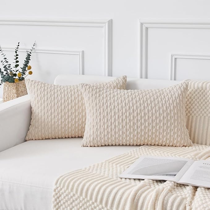 Kevin Textile 14x24 Inch Pillow Cover 1 Pack Boho Decorative Soft Striped Corduroy Lumbar Farmhouse Solid Color Accent Rectangle Cushion Case for Living Room Couch Sofa Bed, Cream White