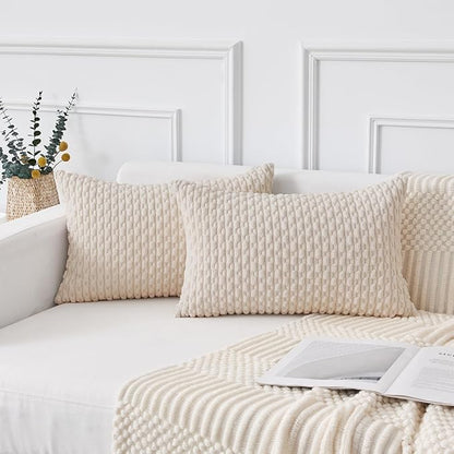 Kevin Textile 12x24 Inch Pillow Cover 1 Pack Boho Decorative Soft Striped Corduroy Lumbar Farmhouse Solid Color Accent Rectangle Cushion Case for Living Room Couch Sofa Bed, Cream White