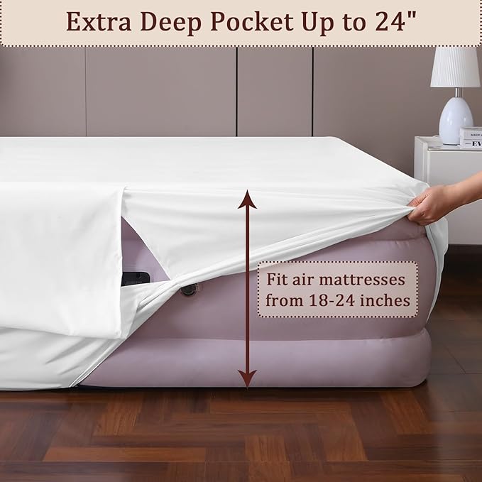 Fitted Sheet for Full Size Air Matress, with 18-24 Inch Extra Deep Pocket, Soft Breathable Air Mattress Sheet Cover for Inflatable Bed, White
