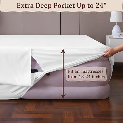 Fitted Sheet for Full Size Air Matress, with 18-24 Inch Extra Deep Pocket, Soft Breathable Air Mattress Sheet Cover for Inflatable Bed, White