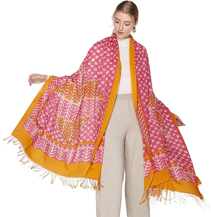 DANA XU 100% Merino Wool Pashmina Shawl for Women 96"x43", Oversized Cashmere Wrap with Tassels, Floral Travel Blanket Cape