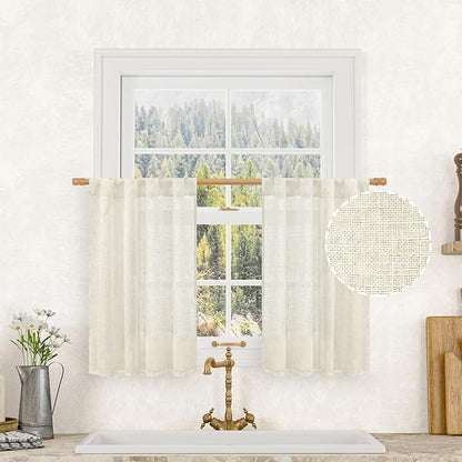 LAMIT Short Linen Curtains 36 Inch Length for Half Window, Cream Ivory Semi Sheer Light Filtering Panels Back Tab and Rod Pocket Drapes for Basement/Kitchen, 2 Panels, 25 x 36 Inch
