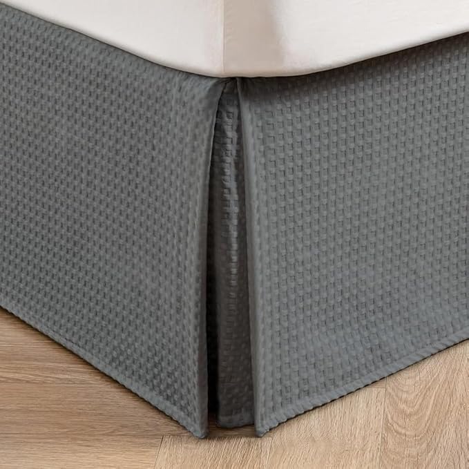 MIYE Pleated Waffle Weave Bed Skirt, Tailored Dust Ruffle 16 Inch Drop Easy Fit, Machine Washable (Dark Grey, Queen - 16" Drop)