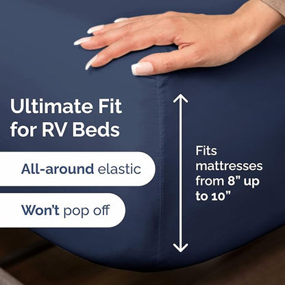 RV Short Queen Sheet Set 60 X 75 - 4 Piece RV Short Queen Bed Sheets - Soft, Breathable & Cooling - Designed for Bunks, Trailers & Camper - Fits 8” to 12" Mattress - Hotel Luxury Bedding - Navy Blue
