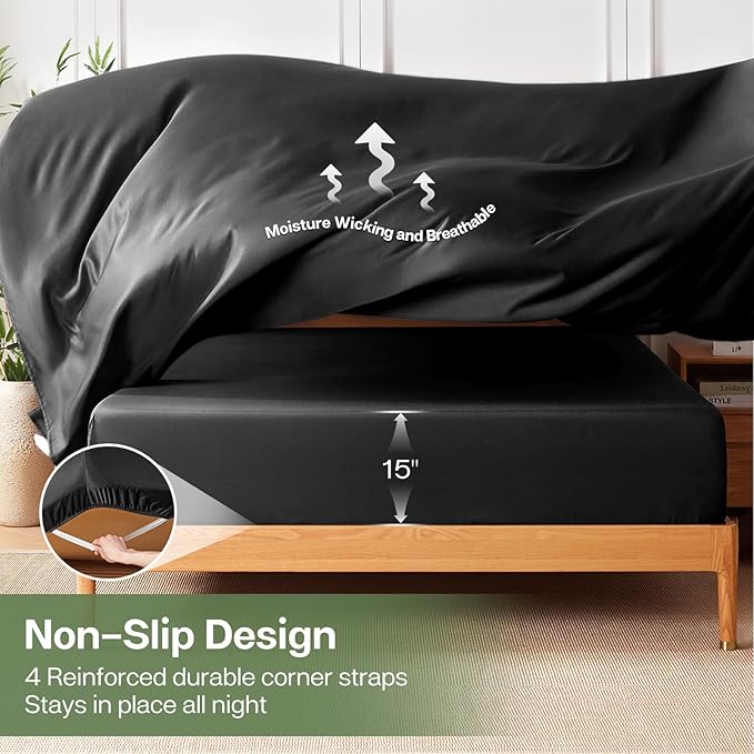 MR&HM Full Fitted Sheet Only, Ultra-Soft Rayon Derived from Bamboo & Polyester Blend, Silky & Breathable, 15" Deep Pocket with Elastic Straps, Cooling Fitted Sheet for Hot Sleepers, Black