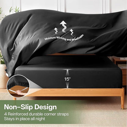 MR&HM Full Fitted Sheet Only, Ultra-Soft Rayon Derived from Bamboo & Polyester Blend, Silky & Breathable, 15" Deep Pocket with Elastic Straps, Cooling Fitted Sheet for Hot Sleepers, Black