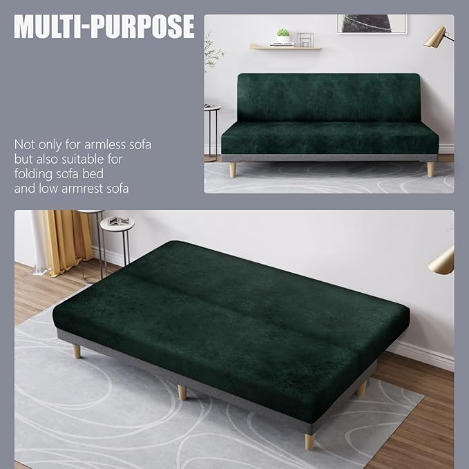 molasofa Leather Like Stretch Futon Slipcover Armless Futon Bed Sofa Cover Furniture Protector with Elastic Bottom, Soft and Washable Futon Cover for Sofa Bed Stay in Place（Medium，Green）