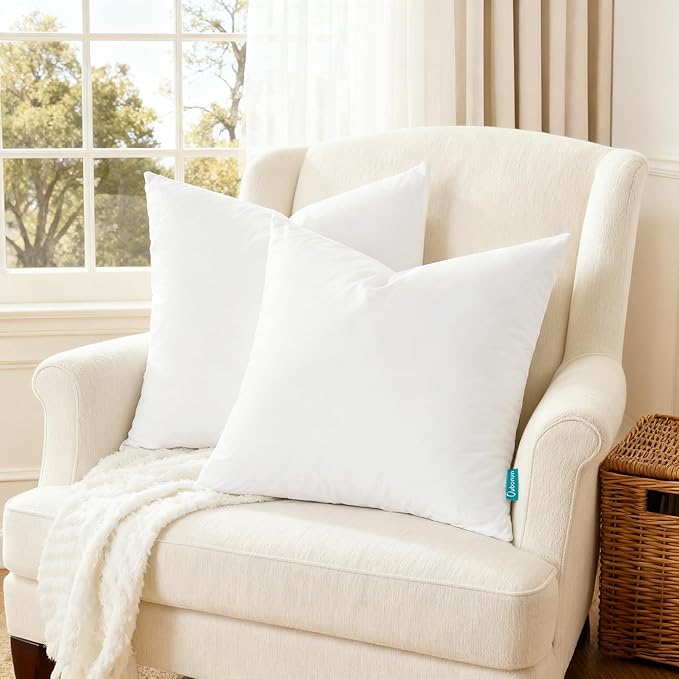 Oubonun 22x22 Feather Down Alternative Throw Pillow Inserts, 100% Cotton Cover, Medium Firm Decorative Pillow Inserts for Couch, Sofa, Bed, Chair (Set of 2)