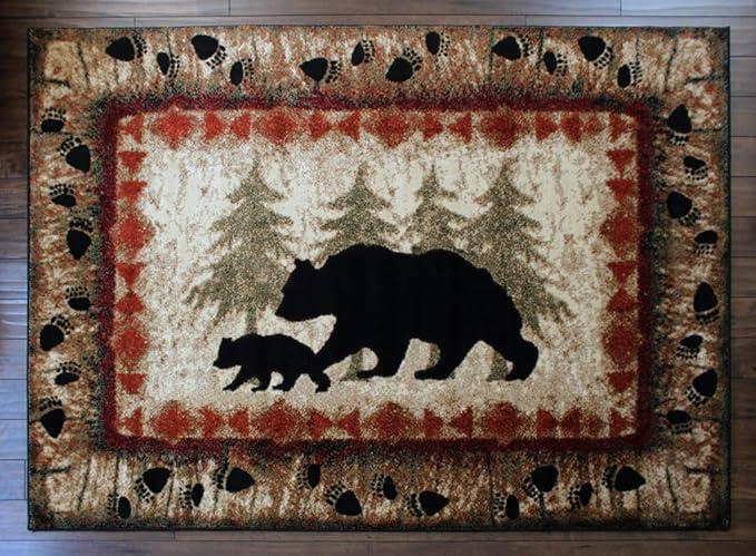 Masada Rugs, Cabin Lodge Area Rug Bear and Cub Scene (5 Feet 3 Inch X 7 Feet)