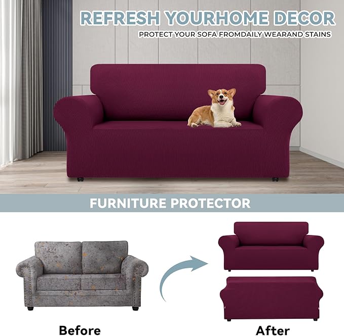 LURKA Stretch Loveseat Sofa Slipcovers 1 Piece Couch Covers for Sofa Furniture Protector Full Sofa Covers with Elastic Bottom for Kids and Dog (Medium, Wine)