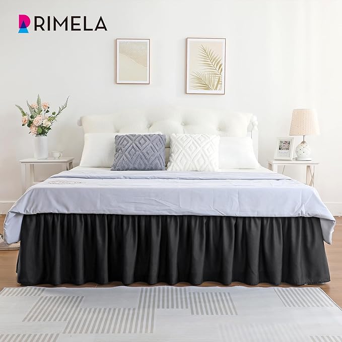 RIMELA Black Bed Skirt King Size 25 Inch Drop, Elastic Bed Skirting for Bed Base and Frame, Bedding Dust Ruffle Easy to Install, Lightweight Comforter Set with Wrap Around Adjustable Bedskirt