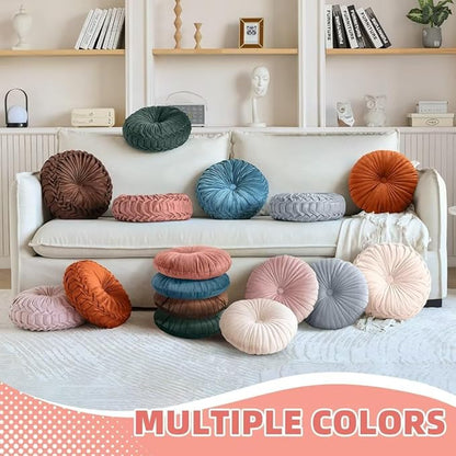 2 Pcs Round Throw Pillows Pleated Velvet Pumpkin Round Pillows Floor Cushion for Living Room Couch Chair Bed Sofa 15.7"x15.7"/13.8" x 13.8" (Blush)