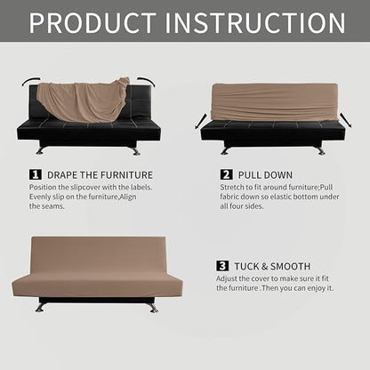 Easy-Going Stretch Futon Slipcover Armless Futon Bed Cover Furniture Protector Without Armrests with Elastic Bottom for Kids, Soft Jacquard Fabric Small Checks (Medium, Camel)
