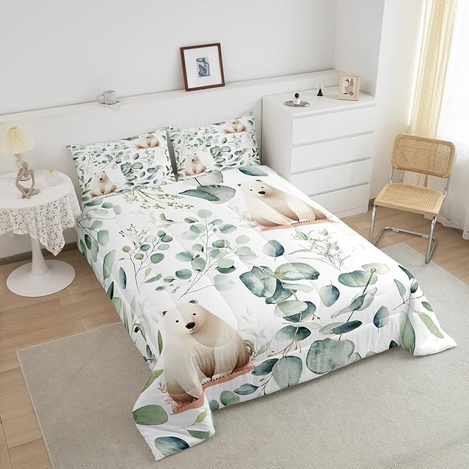 Erosebridal Boys Cartoon Animal Toddler Size Comforter Set for Kids Toddler Kawaii Polar Bear Bedding Set, Arctic Wildlife Down Comforter White Green Bed Set, Botanical Eucalyptus Quilted Duvet