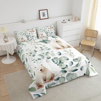 Erosebridal Boys Cartoon Animal Bedding Full Size for Kids Toddler Kawaii Polar Bear Comforter Set Full, Arctic Wildlife Duvet Insert White Green Quilt Comforter, Eucalyptus Bedding Comforters & Sets