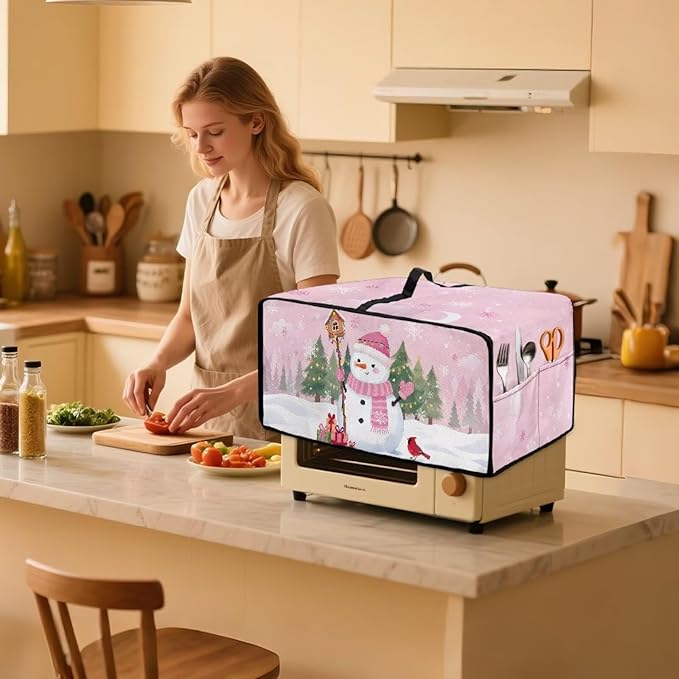 Convection Oven Dustproof Cover with Pockets Washable Toaster Oven Cover Winter Small Appliance Accessories for Kitchen Countertop Christmas Decor, Snowman Cardinal Snowflake Tree Print, S