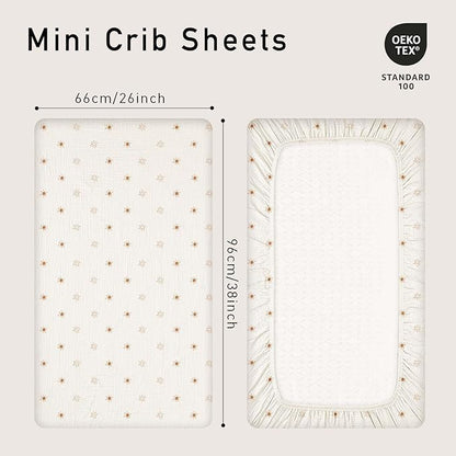 Gllquen Baby Muslin Mini Crib Sheets 3 Pack, Breathable Pack and Play Sheets Fitted Soft Cozy Cotton Pack N Play Sheets for Baby Boy Girls, Universal Fitted Mini Crib Mattresses 38"x26" (Yellow)
