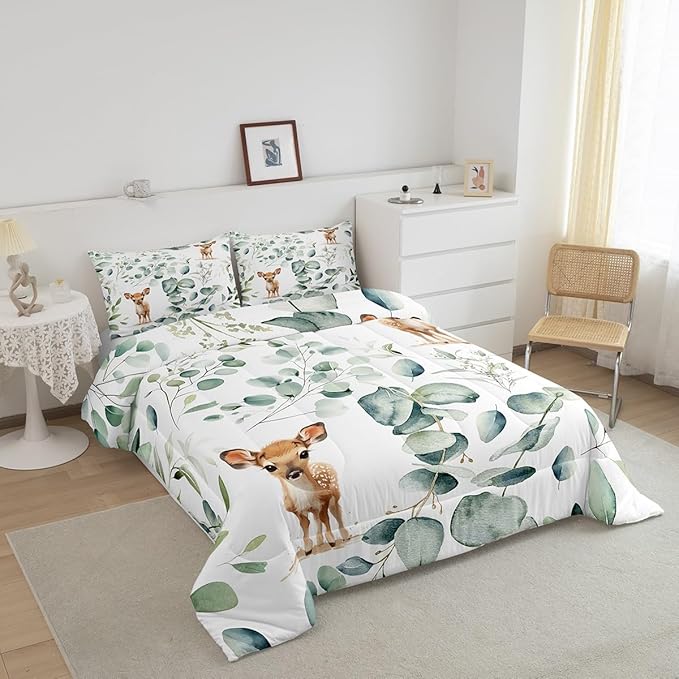 Erosebridal Cartoon Deer Queen Comforter Set Toddler Woodland Wildlife Bedding Set Queen, Plant Bedding Comforter Sets Eucalyptus Leaf Duvet Set, Jungle Animal Theme Quilted Comforter Kids Room Decor