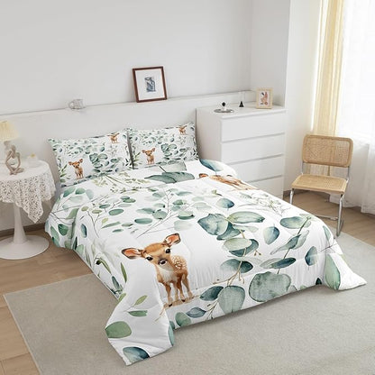 Erosebridal Cartoon Deer King Bedding Sets Toddler Woodland Wildlife Comforter Set, Spring Plant Duvet Insert Eucalyptus Leaf Down Comforter, Jungle Animal Theme Bedding Comforter Sets Kids Room Decor