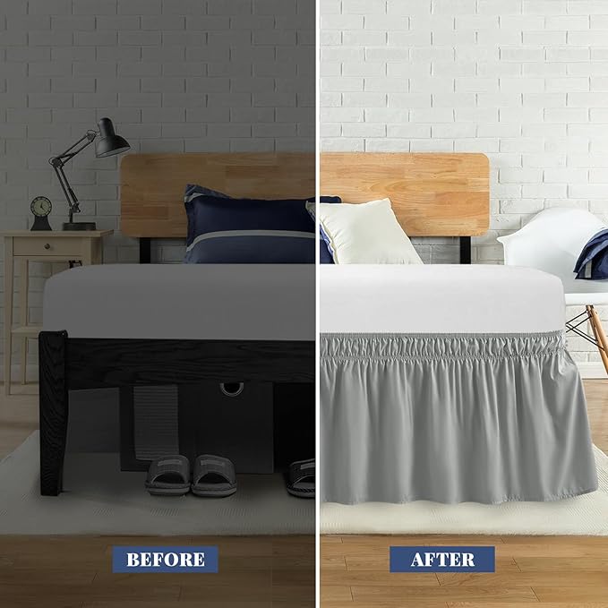 Queen Bed Skirt, Elastic Wrap Around Bed Skirt Queen Size, Bed Skirts for Adjustable Bed, Easy Fit with 14" Drop Length Tailored Drop Dust Ruffle (Grey)