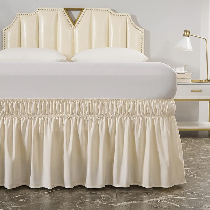 MEILA Wrap Around Bed Skirt Three Fabric Sides Elastic Dust Ruffled 18 Inch Tailored Drop,Easy to Install Fade Resistant-Beige, Queen/King