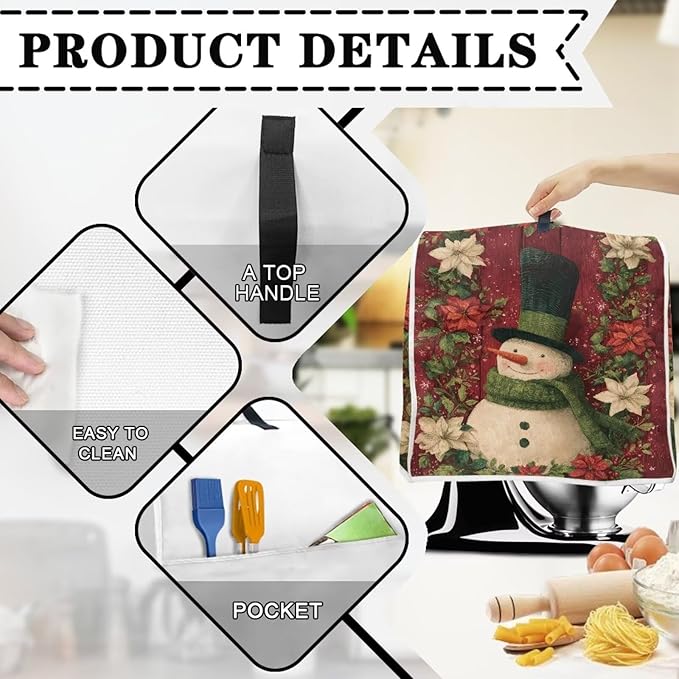 Christmas Mixer Cover Compatible for 6-8 Quart Kitchen Mixer Snowman Kitchen Appliance Dust Cover with Top Handle and Accessories Pocket Christmas Decoration