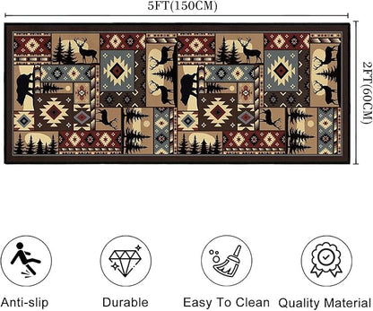 Rustic Cabin Wildlife Runner Rug 2x5,Buffalo Plaid Bear Moose Deer Country,Vintage Throw Carpet Washable Kitchen Rugs Farmhouse Hallway Runners Non Slip Floor Accent Carpet for Entryway Bedroom