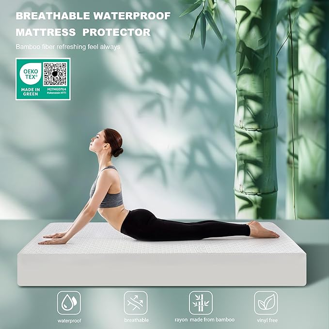 GRT Queen Waterproof Mattress Protector, Rayon Made from Bamboo Mattress Cover, Breathable Cooling Soft Mattress Protector, Machine Washable Mattress Pad with 8''- 26'' Deep Pocket