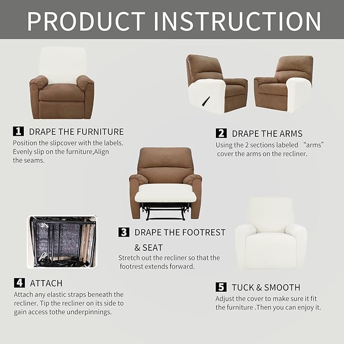 Easy-Going 4 Pieces Oversized Recliner Stretch Sofa Slipcover Sofa Cover Furniture Protector Couch Soft with Elastic Bottom, Polyester Spandex Jacquard Fabric Small Checks Cream,X-Large