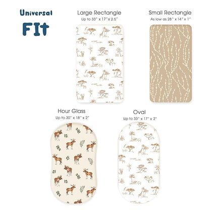 GRSSDER Stretchy Ultra Soft Fitted Bassinet Sheets 3 Pack, Universal Fit for Baby Cradle Moses Basket Oval Rectangle Mattress Safe and Snug, Free Animals Stylish Print