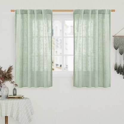 LAMIT 54 Inch Semi Sheer Window Linen Curtains, Light Filtering Panels Back Tab and Rod Pocket Country Decor Drapes for Bedroom/Farmhouse, Fresh Green, 2 Panels, 34 x 54 Inch