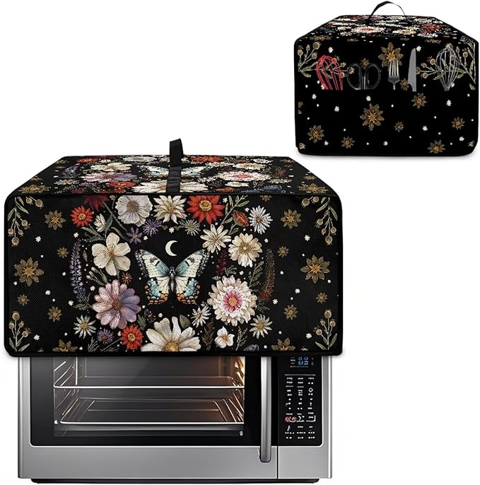 Convection Oven Cover with Pockets, Dust-Proof Protective Smart Oven Cover Small Appliances Protector Kitchen Decor, M, 16.5 x 20.5 x 10 Inches, Butterfly Daisy Moon Black