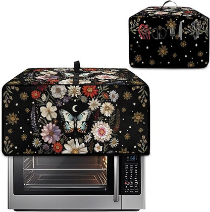 Waterproof Microwave Oven Cover Polyester-Linen Dust Cover for Microwave Oven Foldable Kitchen Machine Covers with Storage Pockets, Butterfly Daisy Floral Plant Moon Print, M