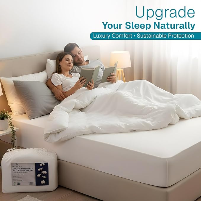 FABDREAMS Organic Waterproof Mattress Protector Queen Size|Queen Mattress Cover| Size Mattress Encasement| Fits up to 17" Deep Pocket|Temperature Regulating | Breathable| White